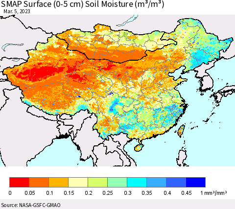 China, Mongolia and Taiwan SMAP Surface (0-5 cm) Soil Moisture (m³/m³) Thematic Map For 3/1/2023 - 3/5/2023