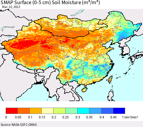 China, Mongolia and Taiwan SMAP Surface (0-5 cm) Soil Moisture (m³/m³) Thematic Map For 3/6/2023 - 3/10/2023