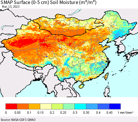 China, Mongolia and Taiwan SMAP Surface (0-5 cm) Soil Moisture (m³/m³) Thematic Map For 3/11/2023 - 3/15/2023