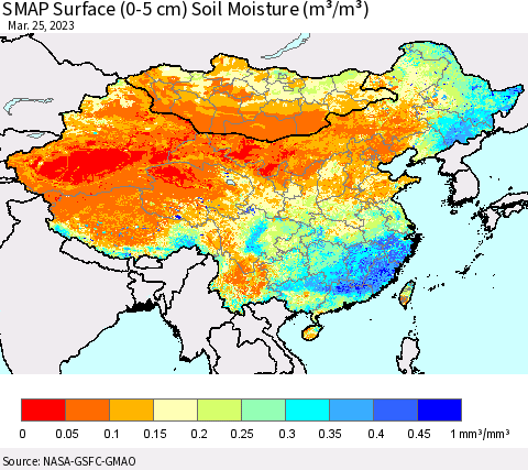 China, Mongolia and Taiwan SMAP Surface (0-5 cm) Soil Moisture (m³/m³) Thematic Map For 3/21/2023 - 3/25/2023