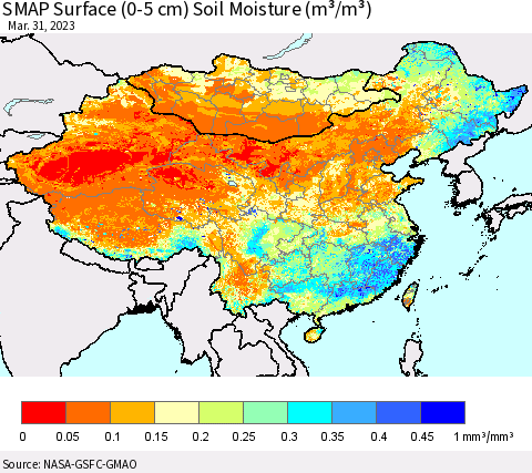China, Mongolia and Taiwan SMAP Surface (0-5 cm) Soil Moisture (m³/m³) Thematic Map For 3/26/2023 - 3/31/2023