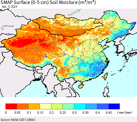 China, Mongolia and Taiwan SMAP Surface (0-5 cm) Soil Moisture (m³/m³) Thematic Map For 4/1/2023 - 4/5/2023