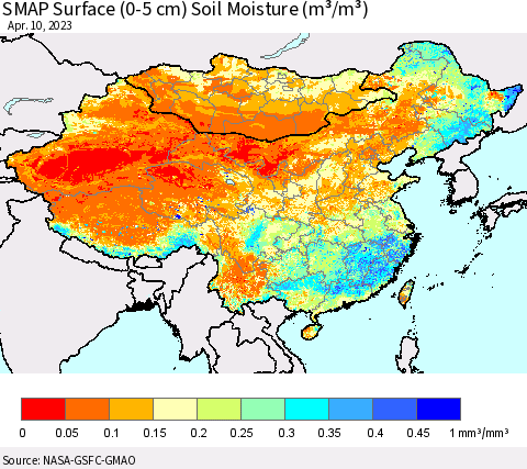 China, Mongolia and Taiwan SMAP Surface (0-5 cm) Soil Moisture (m³/m³) Thematic Map For 4/6/2023 - 4/10/2023