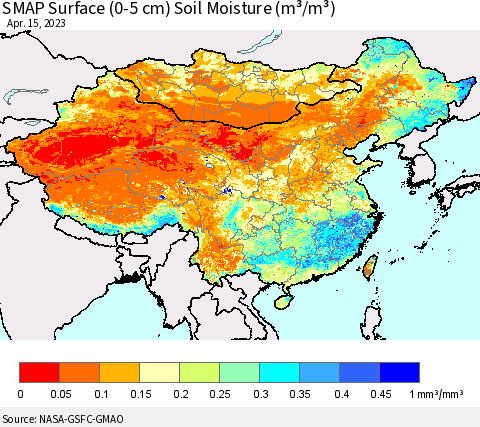 China, Mongolia and Taiwan SMAP Surface (0-5 cm) Soil Moisture (m³/m³) Thematic Map For 4/11/2023 - 4/15/2023
