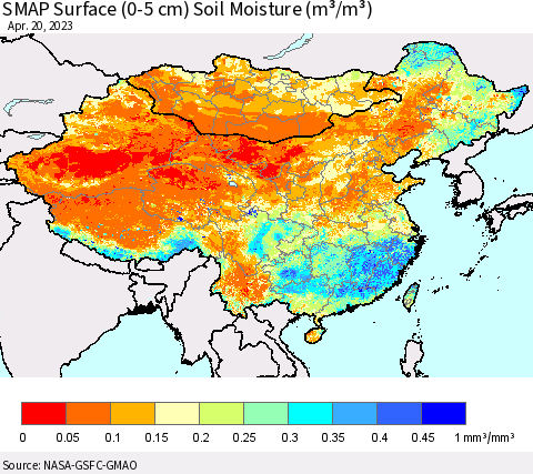 China, Mongolia and Taiwan SMAP Surface (0-5 cm) Soil Moisture (m³/m³) Thematic Map For 4/16/2023 - 4/20/2023