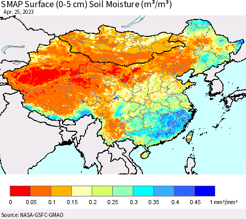China, Mongolia and Taiwan SMAP Surface (0-5 cm) Soil Moisture (m³/m³) Thematic Map For 4/21/2023 - 4/25/2023