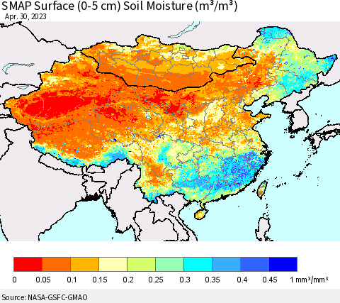 China, Mongolia and Taiwan SMAP Surface (0-5 cm) Soil Moisture (m³/m³) Thematic Map For 4/26/2023 - 4/30/2023