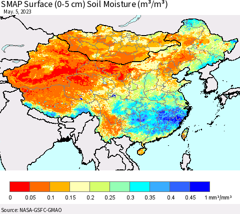 China, Mongolia and Taiwan SMAP Surface (0-5 cm) Soil Moisture (m³/m³) Thematic Map For 5/1/2023 - 5/5/2023