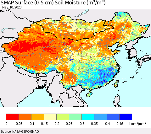 China, Mongolia and Taiwan SMAP Surface (0-5 cm) Soil Moisture (m³/m³) Thematic Map For 5/6/2023 - 5/10/2023