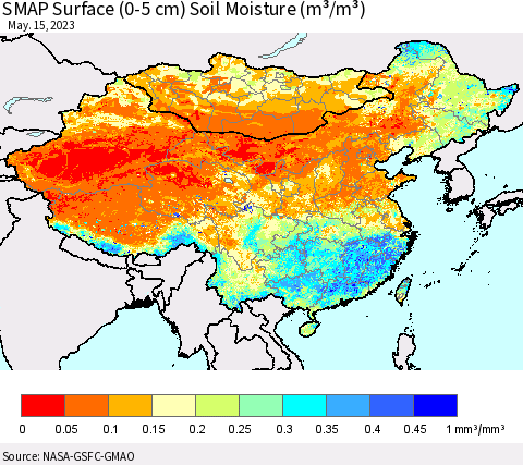 China, Mongolia and Taiwan SMAP Surface (0-5 cm) Soil Moisture (m³/m³) Thematic Map For 5/11/2023 - 5/15/2023