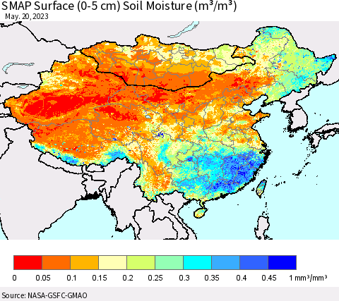 China, Mongolia and Taiwan SMAP Surface (0-5 cm) Soil Moisture (m³/m³) Thematic Map For 5/16/2023 - 5/20/2023