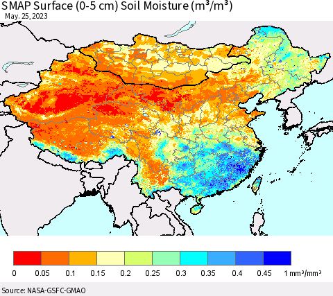China, Mongolia and Taiwan SMAP Surface (0-5 cm) Soil Moisture (m³/m³) Thematic Map For 5/21/2023 - 5/25/2023