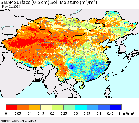 China, Mongolia and Taiwan SMAP Surface (0-5 cm) Soil Moisture (m³/m³) Thematic Map For 5/26/2023 - 5/31/2023