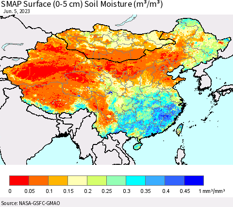 China, Mongolia and Taiwan SMAP Surface (0-5 cm) Soil Moisture (m³/m³) Thematic Map For 6/1/2023 - 6/5/2023