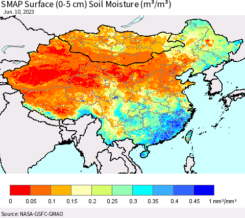 China, Mongolia and Taiwan SMAP Surface (0-5 cm) Soil Moisture (m³/m³) Thematic Map For 6/6/2023 - 6/10/2023
