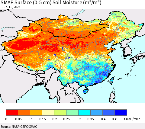 China, Mongolia and Taiwan SMAP Surface (0-5 cm) Soil Moisture (m³/m³) Thematic Map For 6/11/2023 - 6/15/2023
