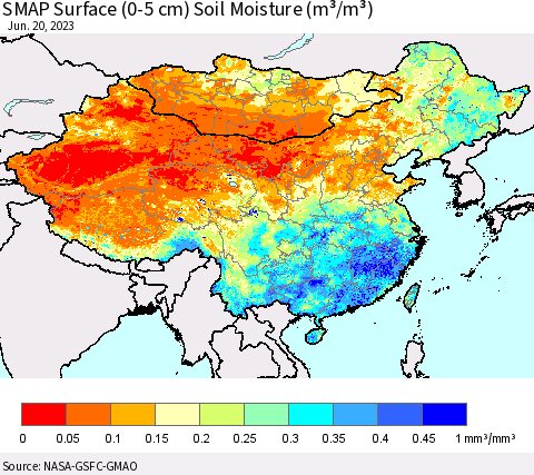 China, Mongolia and Taiwan SMAP Surface (0-5 cm) Soil Moisture (m³/m³) Thematic Map For 6/16/2023 - 6/20/2023