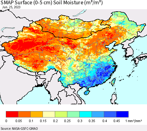 China, Mongolia and Taiwan SMAP Surface (0-5 cm) Soil Moisture (m³/m³) Thematic Map For 6/21/2023 - 6/25/2023