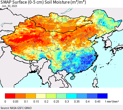 China, Mongolia and Taiwan SMAP Surface (0-5 cm) Soil Moisture (m³/m³) Thematic Map For 6/26/2023 - 6/30/2023