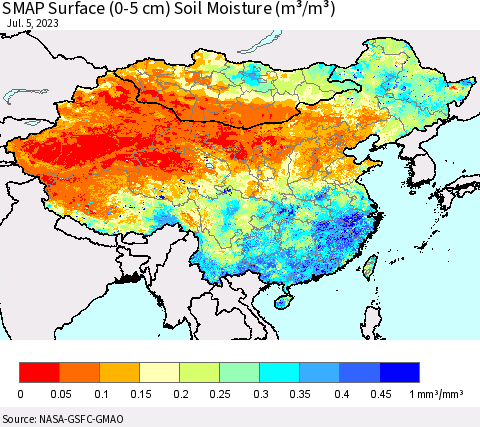 China, Mongolia and Taiwan SMAP Surface (0-5 cm) Soil Moisture (m³/m³) Thematic Map For 7/1/2023 - 7/5/2023