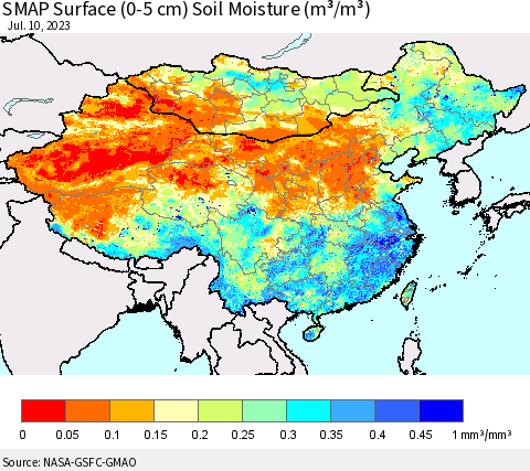 China, Mongolia and Taiwan SMAP Surface (0-5 cm) Soil Moisture (m³/m³) Thematic Map For 7/6/2023 - 7/10/2023