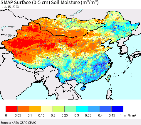China, Mongolia and Taiwan SMAP Surface (0-5 cm) Soil Moisture (m³/m³) Thematic Map For 7/11/2023 - 7/15/2023