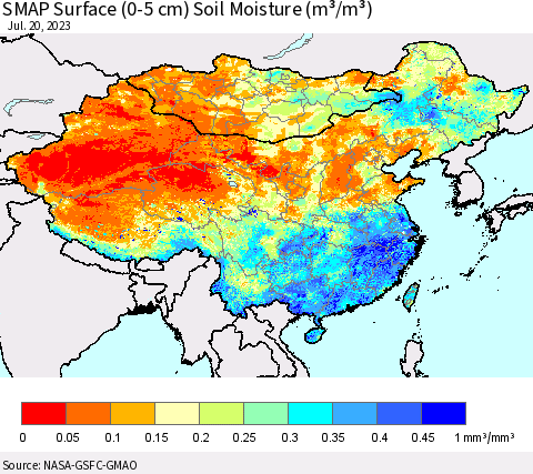 China, Mongolia and Taiwan SMAP Surface (0-5 cm) Soil Moisture (m³/m³) Thematic Map For 7/16/2023 - 7/20/2023
