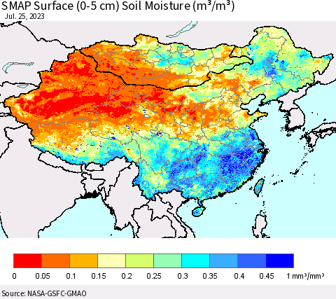China, Mongolia and Taiwan SMAP Surface (0-5 cm) Soil Moisture (m³/m³) Thematic Map For 7/21/2023 - 7/25/2023