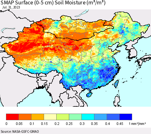 China, Mongolia and Taiwan SMAP Surface (0-5 cm) Soil Moisture (m³/m³) Thematic Map For 7/26/2023 - 7/31/2023