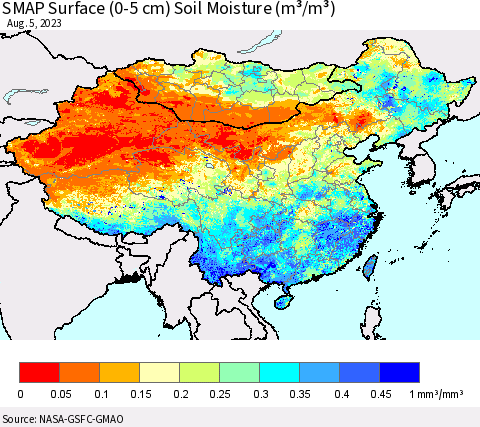 China, Mongolia and Taiwan SMAP Surface (0-5 cm) Soil Moisture (m³/m³) Thematic Map For 8/1/2023 - 8/5/2023