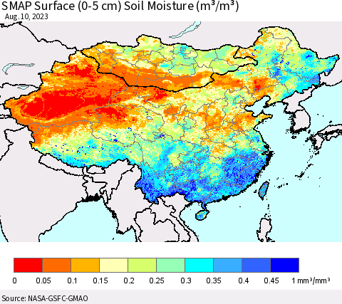 China, Mongolia and Taiwan SMAP Surface (0-5 cm) Soil Moisture (m³/m³) Thematic Map For 8/6/2023 - 8/10/2023