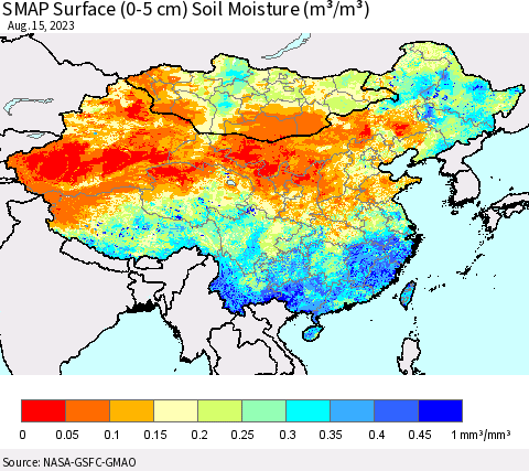 China, Mongolia and Taiwan SMAP Surface (0-5 cm) Soil Moisture (m³/m³) Thematic Map For 8/11/2023 - 8/15/2023