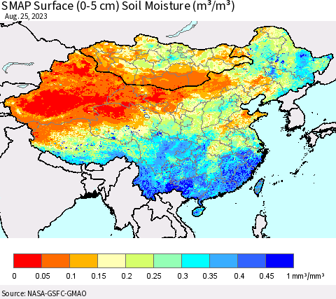 China, Mongolia and Taiwan SMAP Surface (0-5 cm) Soil Moisture (m³/m³) Thematic Map For 8/21/2023 - 8/25/2023