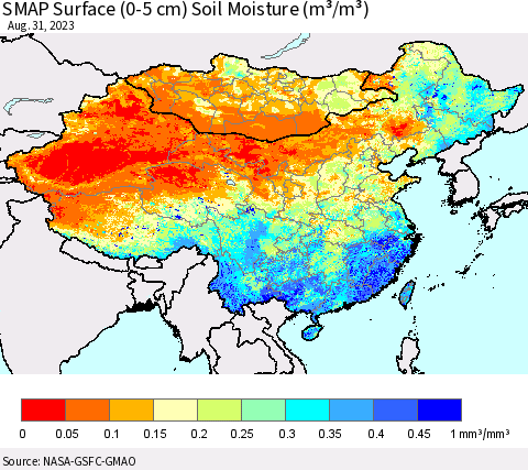 China, Mongolia and Taiwan SMAP Surface (0-5 cm) Soil Moisture (m³/m³) Thematic Map For 8/26/2023 - 8/31/2023
