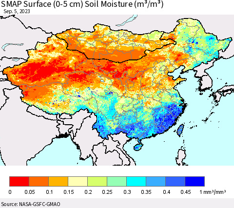 China, Mongolia and Taiwan SMAP Surface (0-5 cm) Soil Moisture (m³/m³) Thematic Map For 9/1/2023 - 9/5/2023