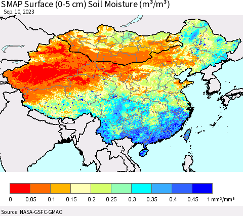 China, Mongolia and Taiwan SMAP Surface (0-5 cm) Soil Moisture (m³/m³) Thematic Map For 9/6/2023 - 9/10/2023