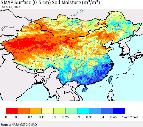 China, Mongolia and Taiwan SMAP Surface (0-5 cm) Soil Moisture (m³/m³) Thematic Map For 9/11/2023 - 9/15/2023