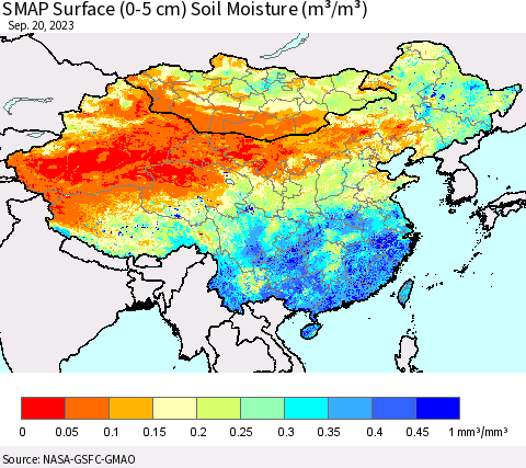 China, Mongolia and Taiwan SMAP Surface (0-5 cm) Soil Moisture (m³/m³) Thematic Map For 9/16/2023 - 9/20/2023