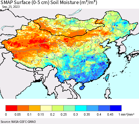 China, Mongolia and Taiwan SMAP Surface (0-5 cm) Soil Moisture (m³/m³) Thematic Map For 9/21/2023 - 9/25/2023