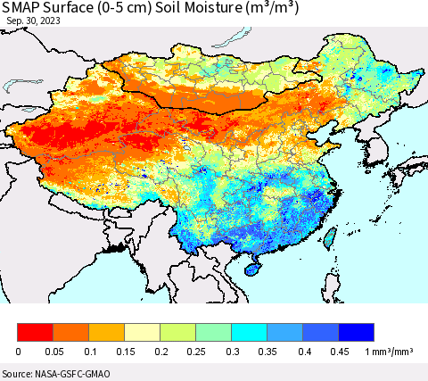 China, Mongolia and Taiwan SMAP Surface (0-5 cm) Soil Moisture (m³/m³) Thematic Map For 9/26/2023 - 9/30/2023