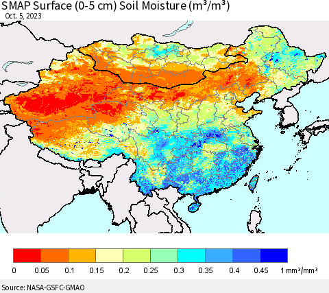 China, Mongolia and Taiwan SMAP Surface (0-5 cm) Soil Moisture (m³/m³) Thematic Map For 10/1/2023 - 10/5/2023