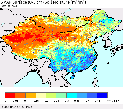 China, Mongolia and Taiwan SMAP Surface (0-5 cm) Soil Moisture (m³/m³) Thematic Map For 10/6/2023 - 10/10/2023