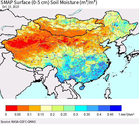 China, Mongolia and Taiwan SMAP Surface (0-5 cm) Soil Moisture (m³/m³) Thematic Map For 10/11/2023 - 10/15/2023