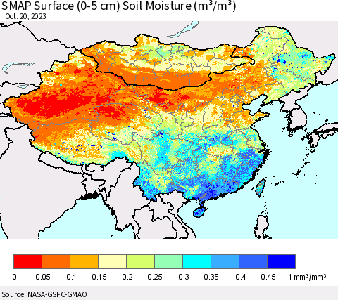China, Mongolia and Taiwan SMAP Surface (0-5 cm) Soil Moisture (m³/m³) Thematic Map For 10/16/2023 - 10/20/2023