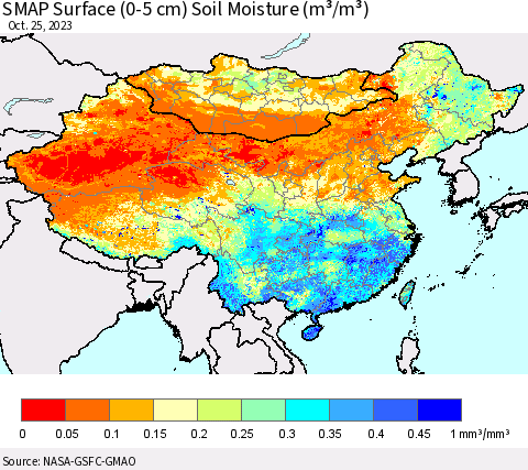 China, Mongolia and Taiwan SMAP Surface (0-5 cm) Soil Moisture (m³/m³) Thematic Map For 10/21/2023 - 10/25/2023