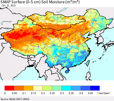 China, Mongolia and Taiwan SMAP Surface (0-5 cm) Soil Moisture (m³/m³) Thematic Map For 10/26/2023 - 10/31/2023