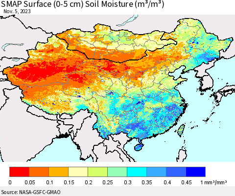 China, Mongolia and Taiwan SMAP Surface (0-5 cm) Soil Moisture (m³/m³) Thematic Map For 11/1/2023 - 11/5/2023