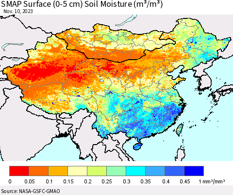 China, Mongolia and Taiwan SMAP Surface (0-5 cm) Soil Moisture (m³/m³) Thematic Map For 11/6/2023 - 11/10/2023