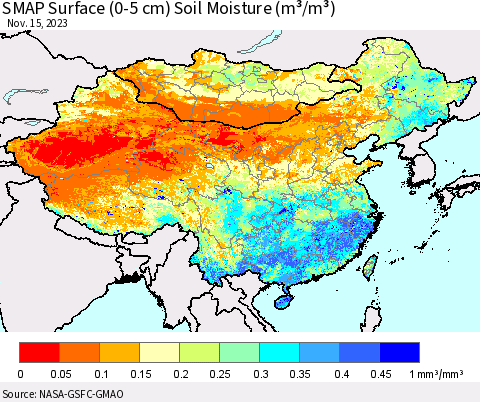 China, Mongolia and Taiwan SMAP Surface (0-5 cm) Soil Moisture (m³/m³) Thematic Map For 11/11/2023 - 11/15/2023