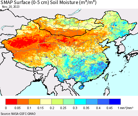 China, Mongolia and Taiwan SMAP Surface (0-5 cm) Soil Moisture (m³/m³) Thematic Map For 11/16/2023 - 11/20/2023